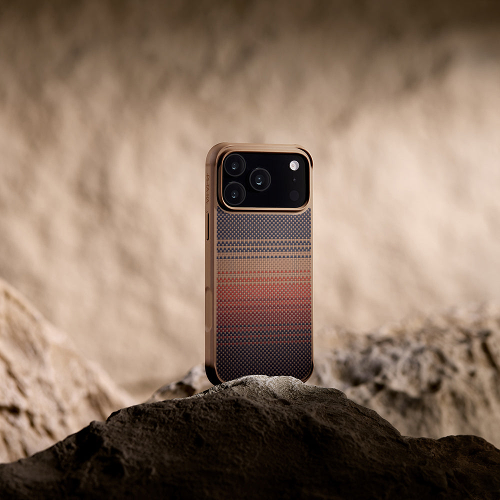 Pitaka Tactile Woven Sunset-Moonrise Aramid Pro Guard Serisi iPhone 17 Pro Max M-safe Şarj Özellikli Kılıf Pitaka Tactile Woven Sunset-Moonrise Aramid Pro Guard Serisi iPhone 17 Pro Max M-safe Şarj Özellikli Kılıf